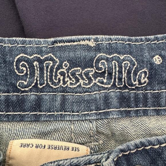 Miss Me Jeans Womens 27 Boyfriend Capri Blue Distressed Embellished Denim Pocket - Picture 7 of 16